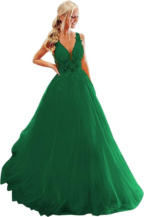 Deep V Neck Lace Applique Prom Dress