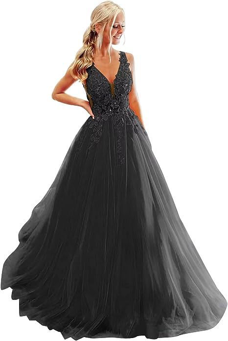 Deep V Neck Lace Applique Prom Dress