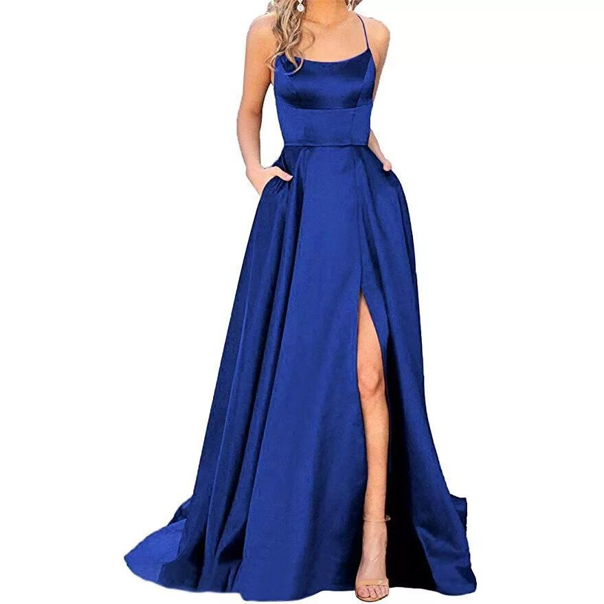 Satin Spaghetti Strap Sleeveless Long Prom Dress