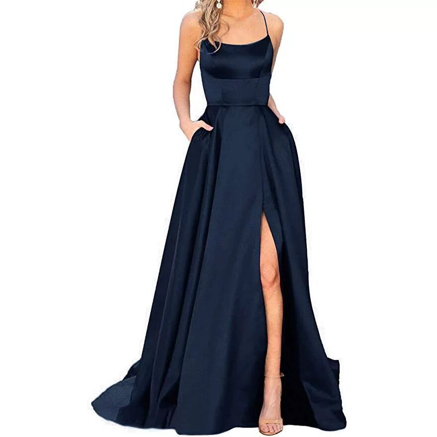 Satin Spaghetti Strap Sleeveless Long Prom Dress