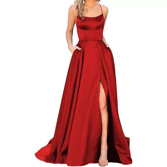 Satin Spaghetti Strap Sleeveless Long Prom Dress