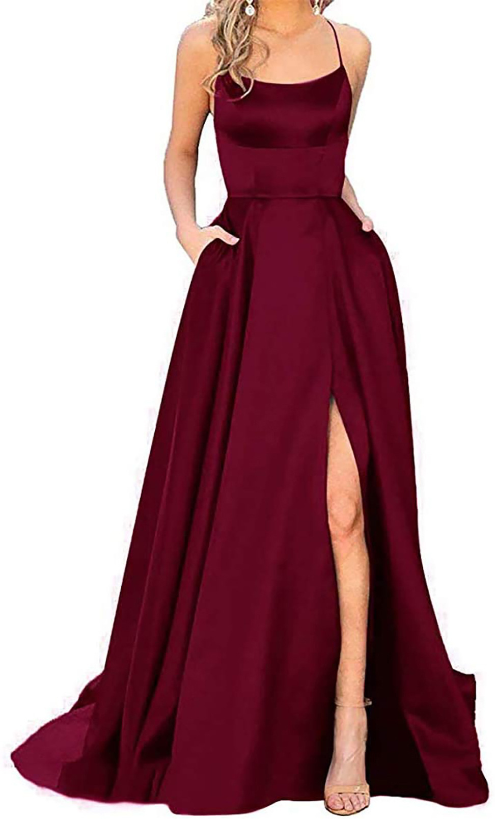 Satin Spaghetti Strap Sleeveless Long Prom Dress