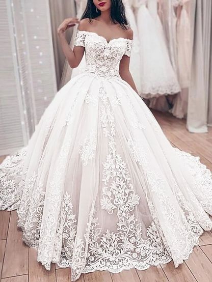 Ball Gown Off-Shoulder Tulle Court Train Wedding Dress