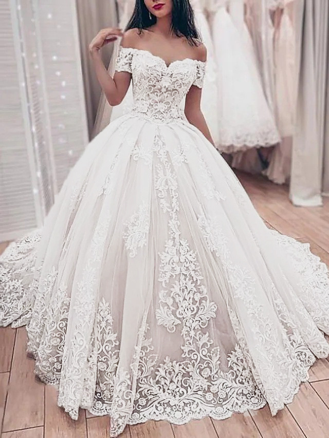 Ball Gown Off-Shoulder Tulle Court Train Wedding Dress