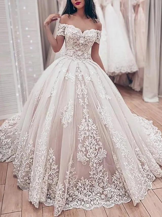 Ball Gown Off-Shoulder Tulle Court Train Wedding Dress