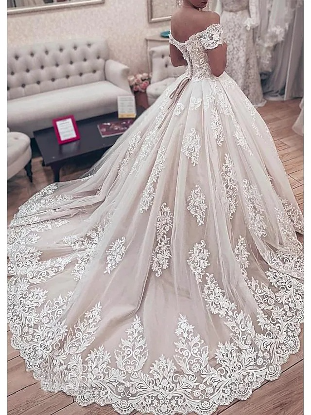 Ball Gown Off-Shoulder Tulle Court Train Wedding Dress