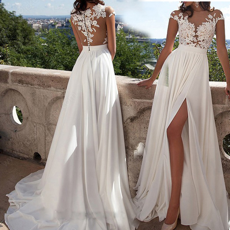 A-line Illusion Chiffon Sweep Train Wedding Dress