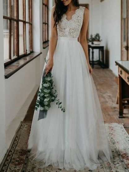 Ball Gown V-neck Lace Tulle Floor-length Wedding Dress