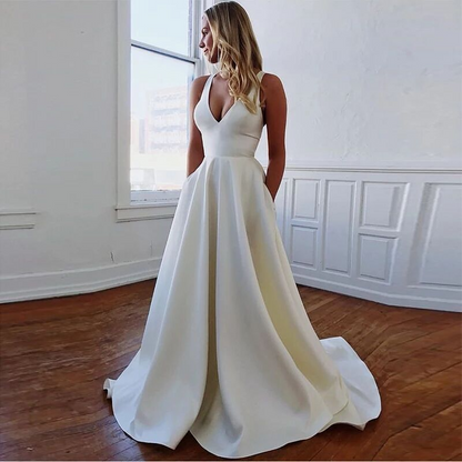 Ball Gown V-neck Satin Sweep Train Wedding Dress