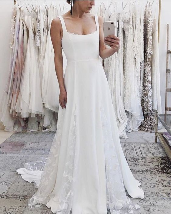 A-line Square Neckline Stretch Crepe Sweep Train Wedding Dress