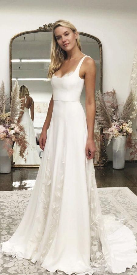 A-line Square Neckline Stretch Crepe Sweep Train Wedding Dress