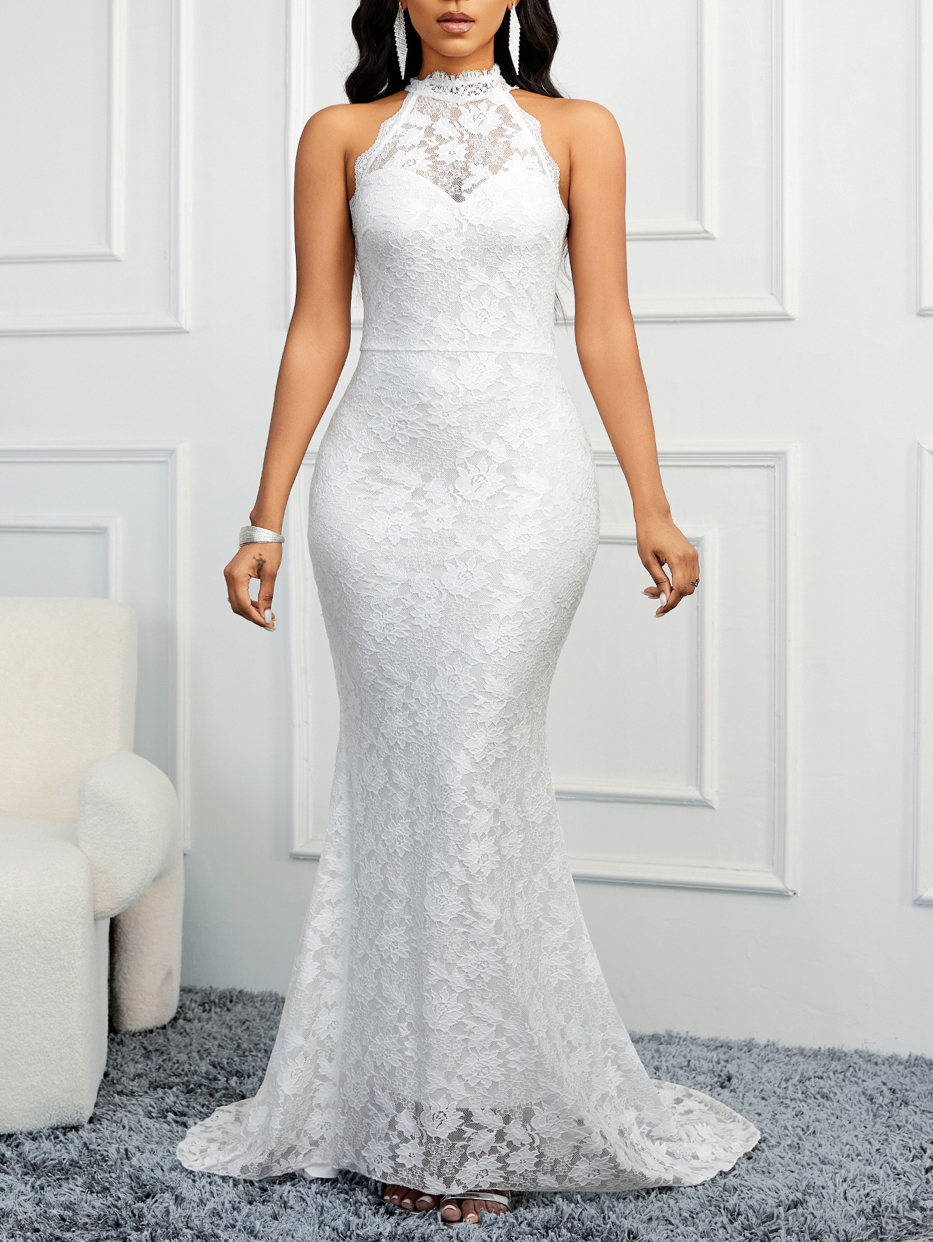 Mermaid High Neck Lace Court Train Wedding Dress