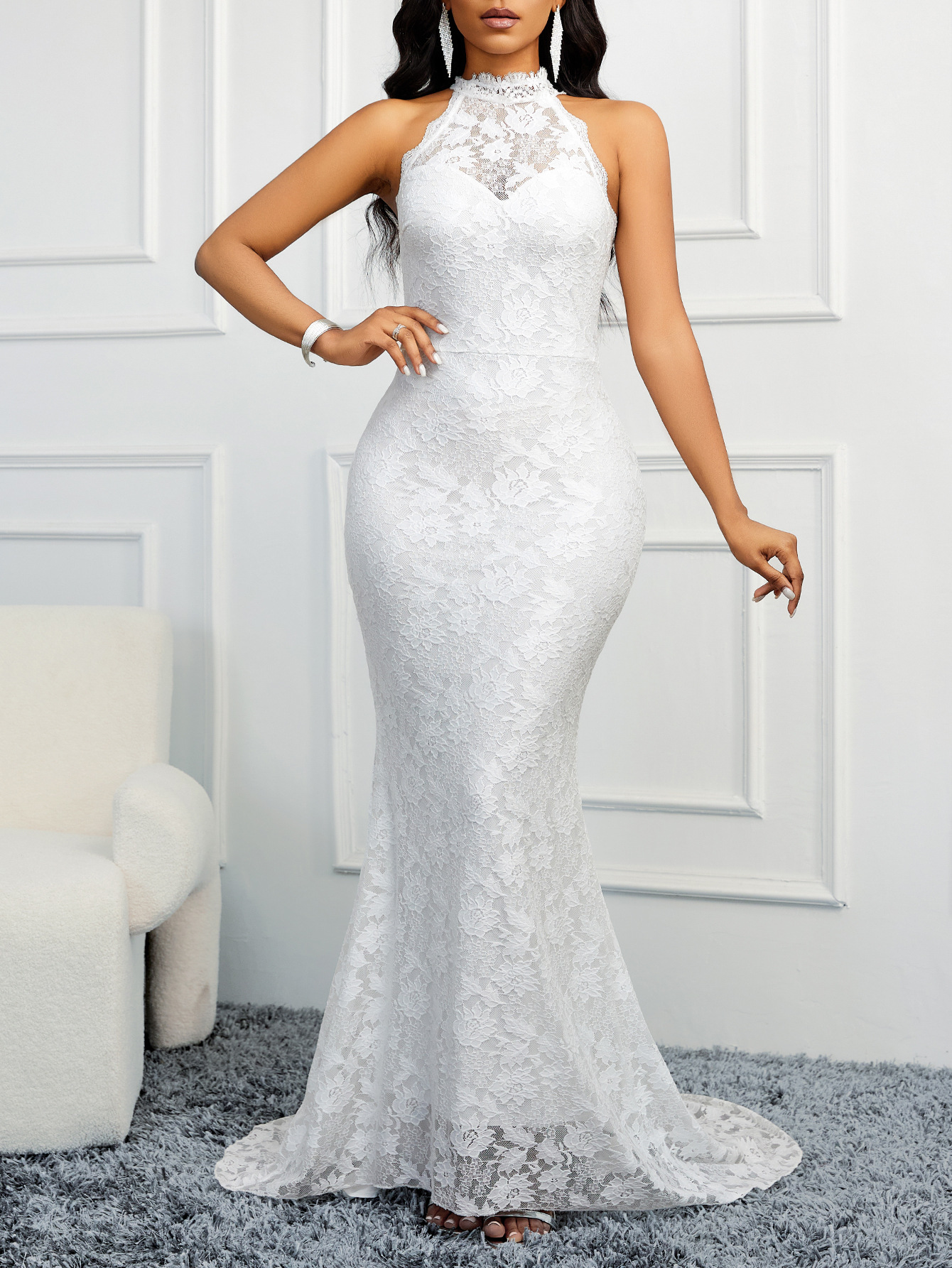 Mermaid High Neck Lace Court Train Wedding Dress