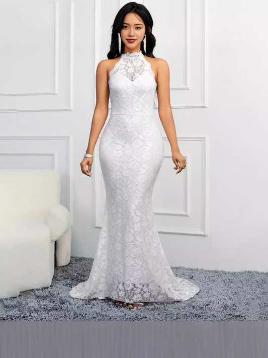 Mermaid High Neck Lace Court Train Wedding Dress