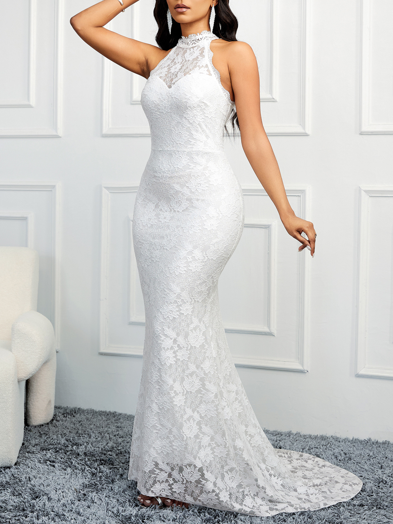 Mermaid High Neck Lace Court Train Wedding Dress