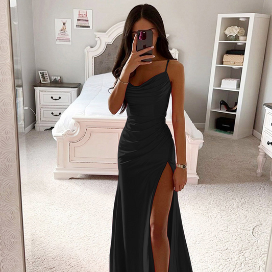 Column Sweep Train Cowl Neck Satin Ruffles Prom Dress