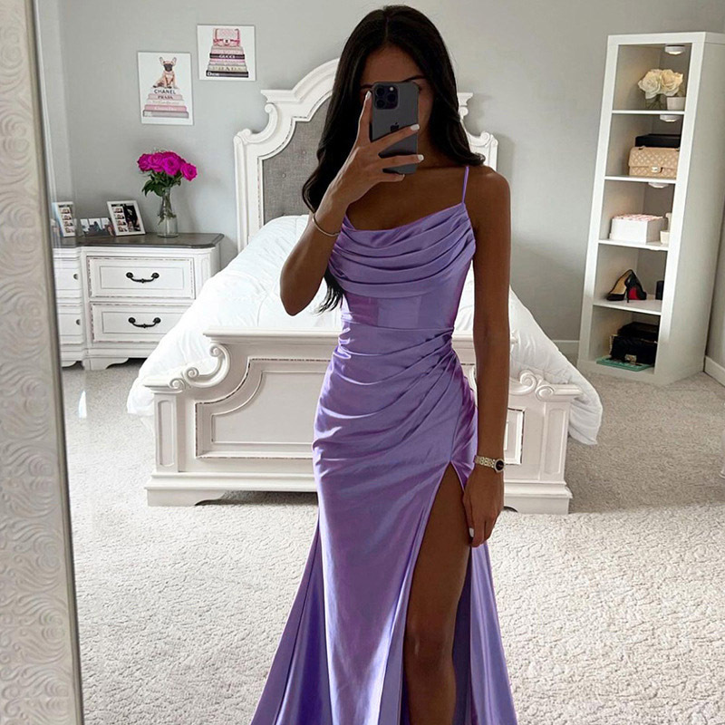 Column Sweep Train Cowl Neck Satin Ruffles Prom Dress