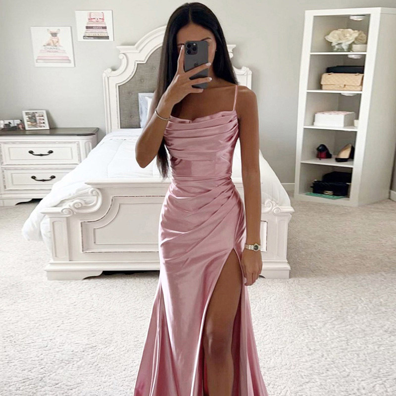 Column Sweep Train Cowl Neck Satin Ruffles Prom Dress