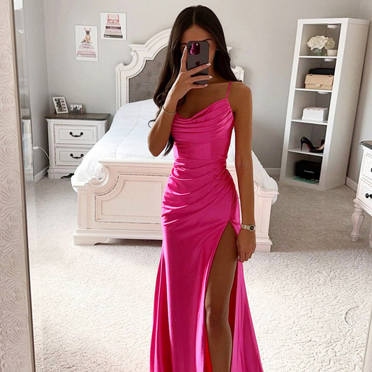 Column Sweep Train Cowl Neck Satin Ruffles Prom Dress