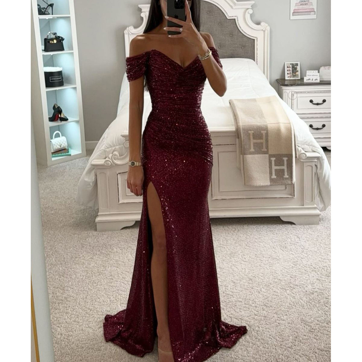 Column Off-Shoulder Sequined Sweep Train Ruffles Prom Dress