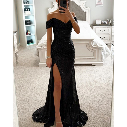 Column Off-Shoulder Sequined Sweep Train Ruffles Prom Dress