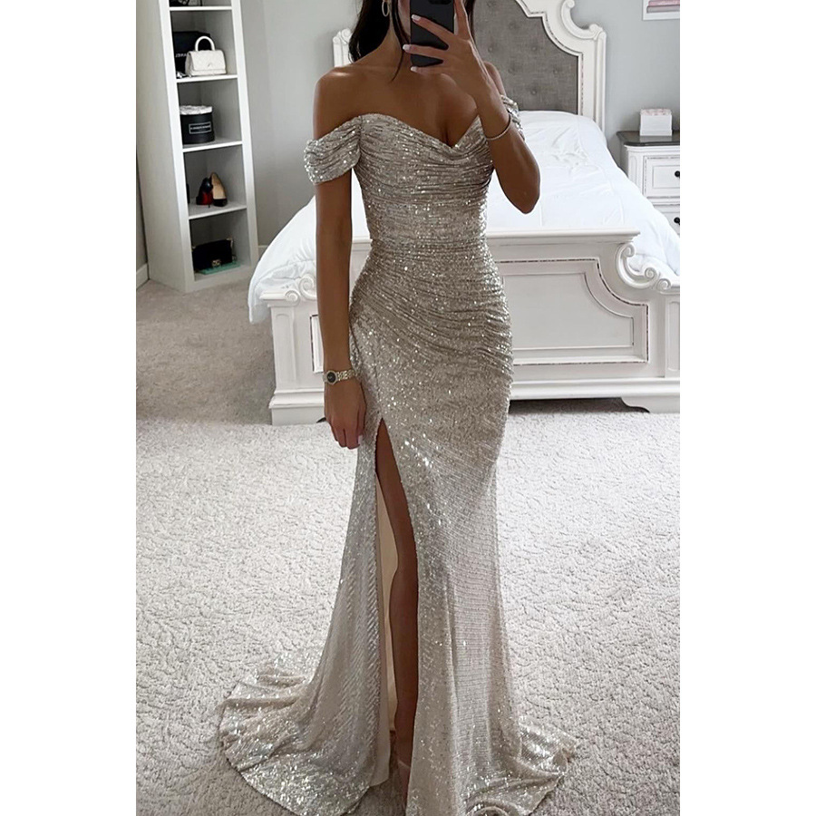 Column Off-Shoulder Sequined Sweep Train Ruffles Prom Dress