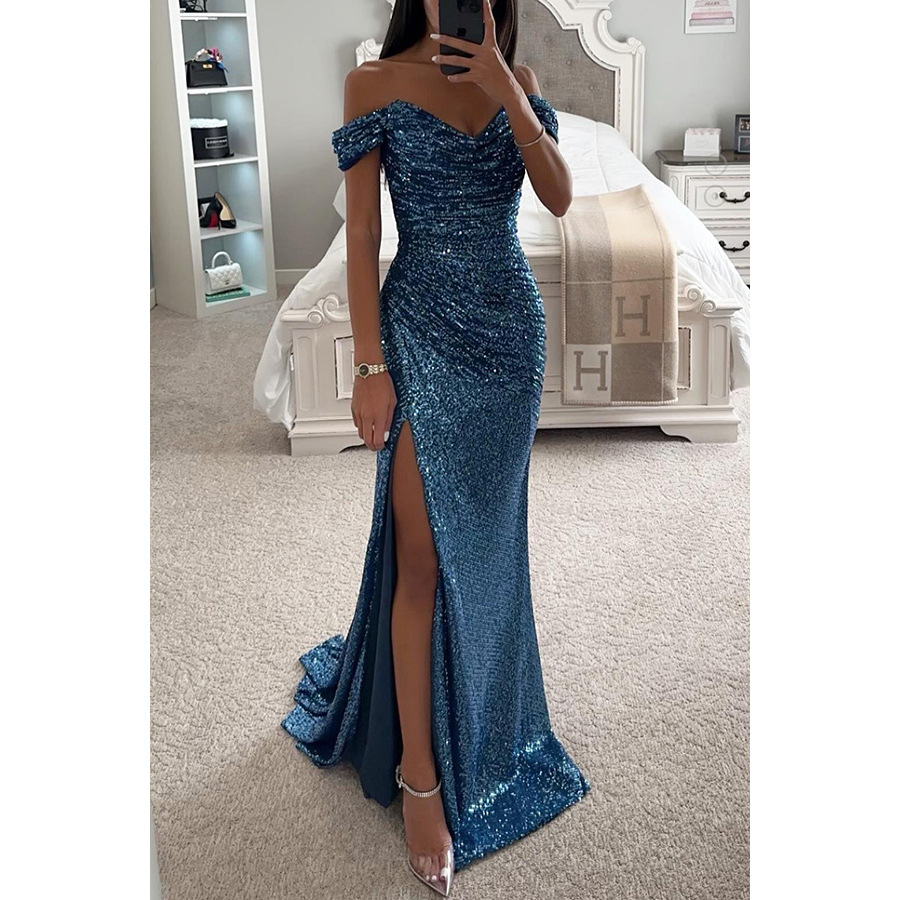 Column Off-Shoulder Sequined Sweep Train Ruffles Prom Dress