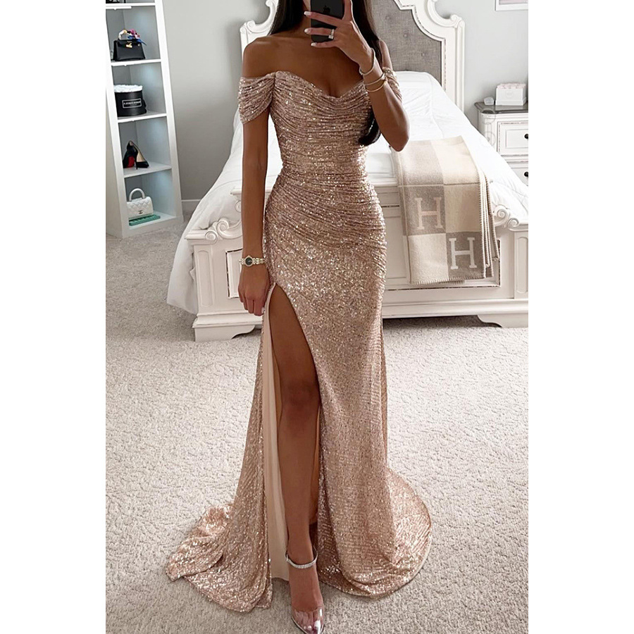 Column Off-Shoulder Sequined Sweep Train Ruffles Prom Dress