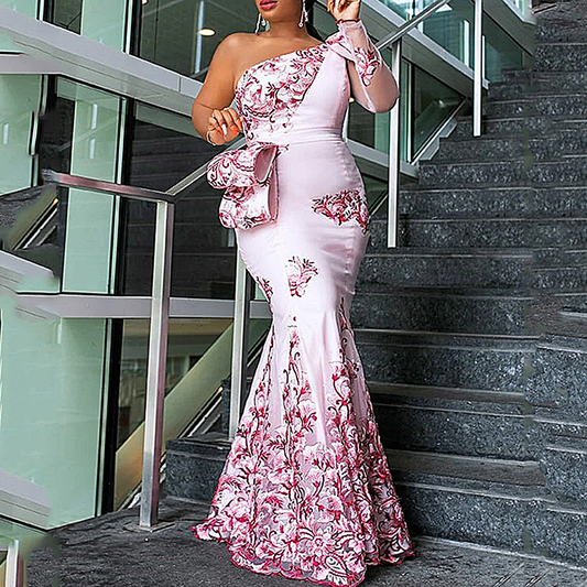 Floral Pattern Off-Shoulder Mermaid Long Plus Size Prom Dress