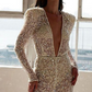 Sequin Deep V Neck Long Sleeve Prom Jumpsuit