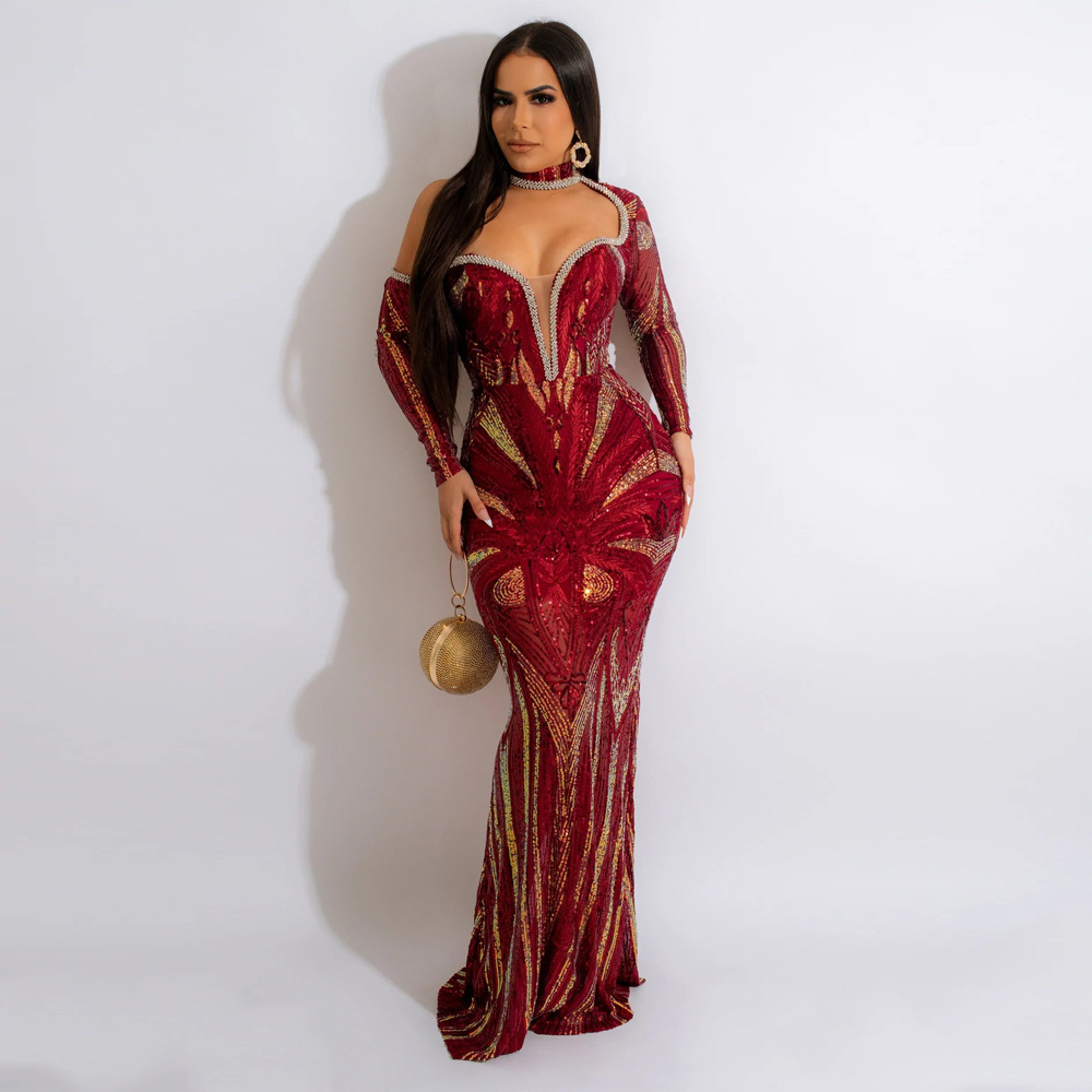 Sequin Plunging Neck Off Shoulder Bodycon Prom Dress