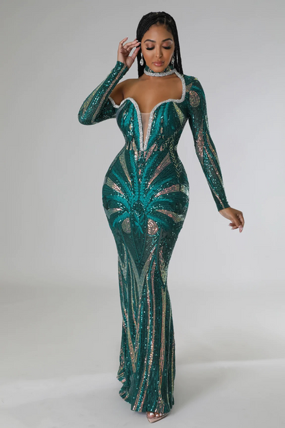 Sequin Plunging Neck Off Shoulder Bodycon Prom Dress