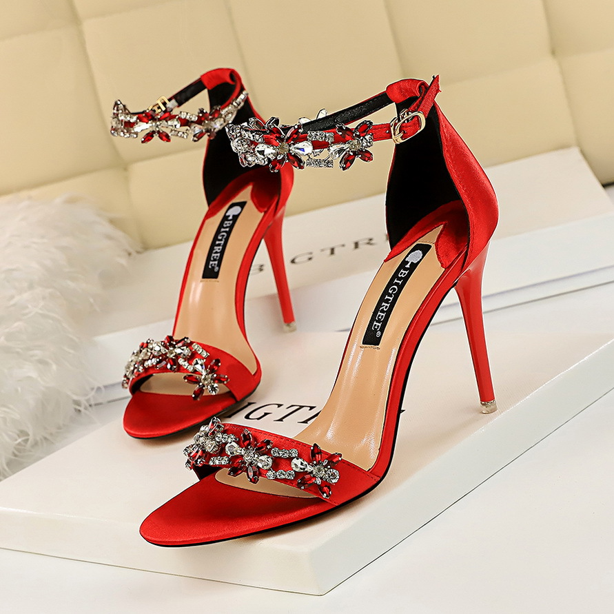 Rhinestone-Embellished One-Strap Stiletto Heel Sandals