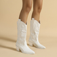 White Stylish Point Toe Pattern Chunky Low Heeled Western Boots