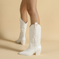 White Stylish Point Toe Pattern Chunky Low Heeled Western Boots