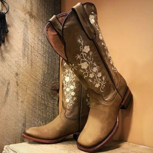 Square Toe Embroidered Western Vintage Chunky Heel Boots