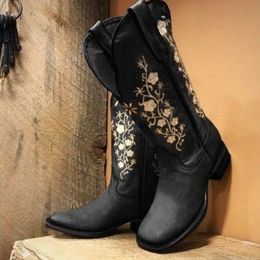 Square Toe Embroidered Western Vintage Chunky Heel Boots