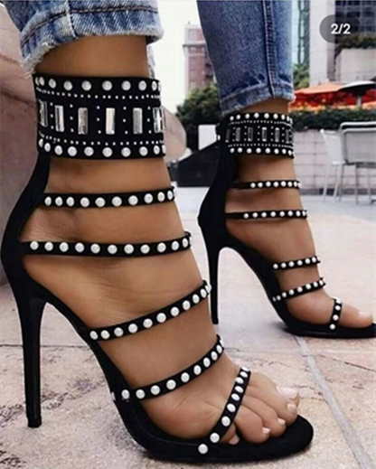 Contrasting Colors Rhinestone Zipper Sandals Heels