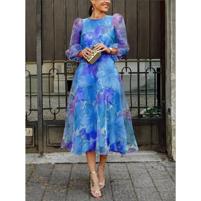 Floral Elegant Crew Neck Midi Dress