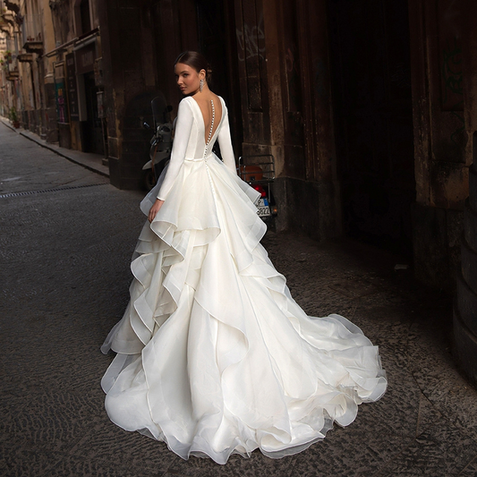 White Deep V Neck Long Sleeves Wedding Dress