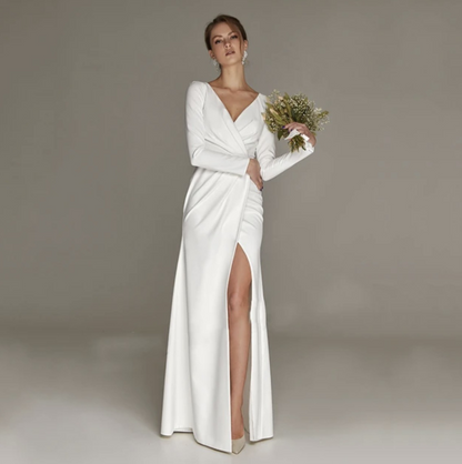 Column V-Neck Sweep Train Chiffon Wedding Dress