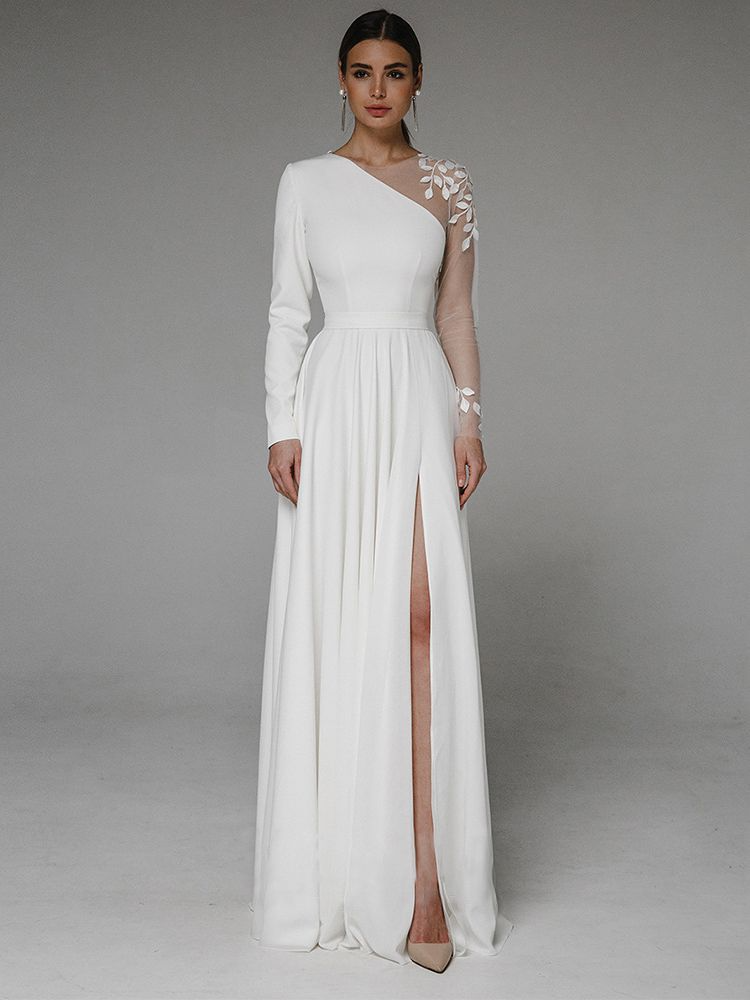 A-Line Scoop Neck Long Sleeves Sweep Train Wedding Dress