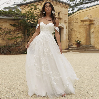 Princess V Neck Sweep Train Tulle Lace Wedding Dress