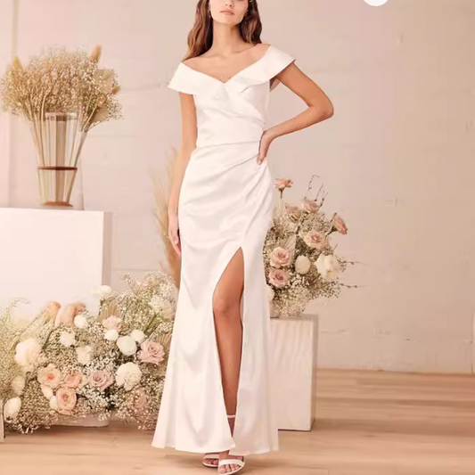 White V Neck Sleeveless Front Slit Wedding Dress