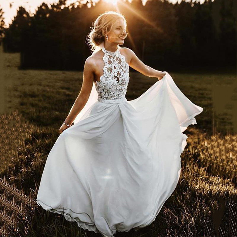 Boho A-Line High Neck Floor-Length Chiffon Wedding Dress