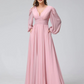 A-Line V-Neck Long Sleeves Chiffon Wedding Dress