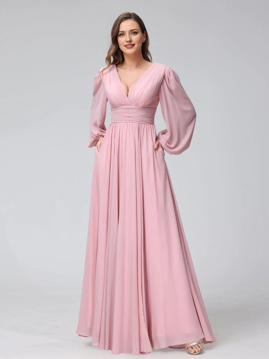 A-Line V-Neck Long Sleeves Chiffon Wedding Dress