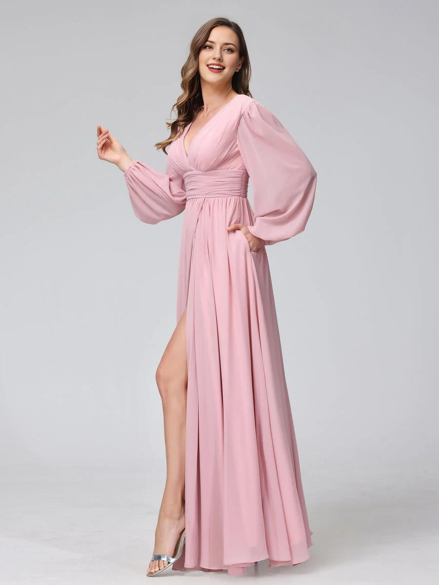 A-Line V-Neck Long Sleeves Chiffon Wedding Dress