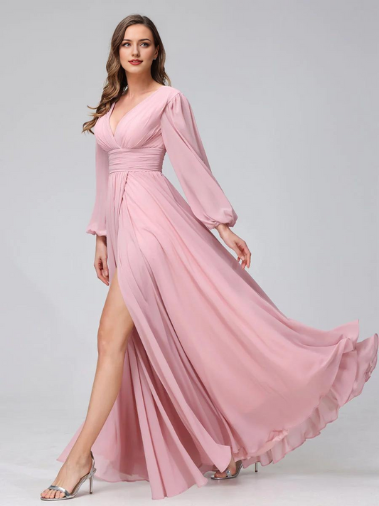 A-Line V-Neck Long Sleeves Chiffon Wedding Dress