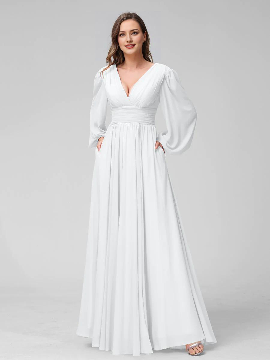 A-Line V-Neck Long Sleeves Chiffon Wedding Dress